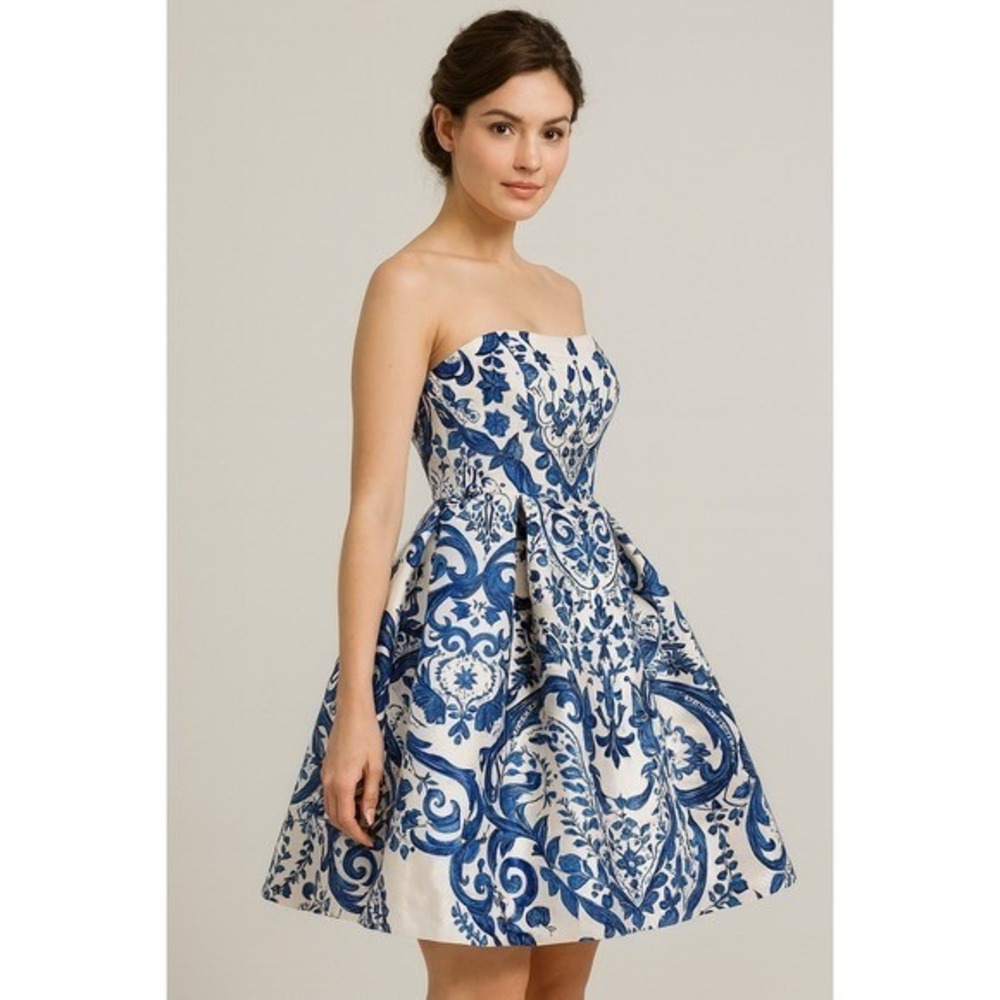 NWT Crystal Jiang Strapless Dress White Blue Damask Print Fit Flare US 8 l